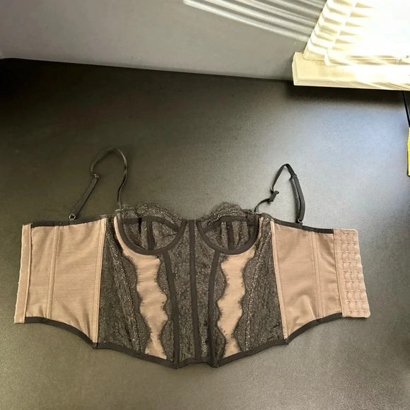 Women’s Small Corset Black Taupe Boned Lace Dark Romantic‎ Whimsigoth Coquette - Picture 2 of 12